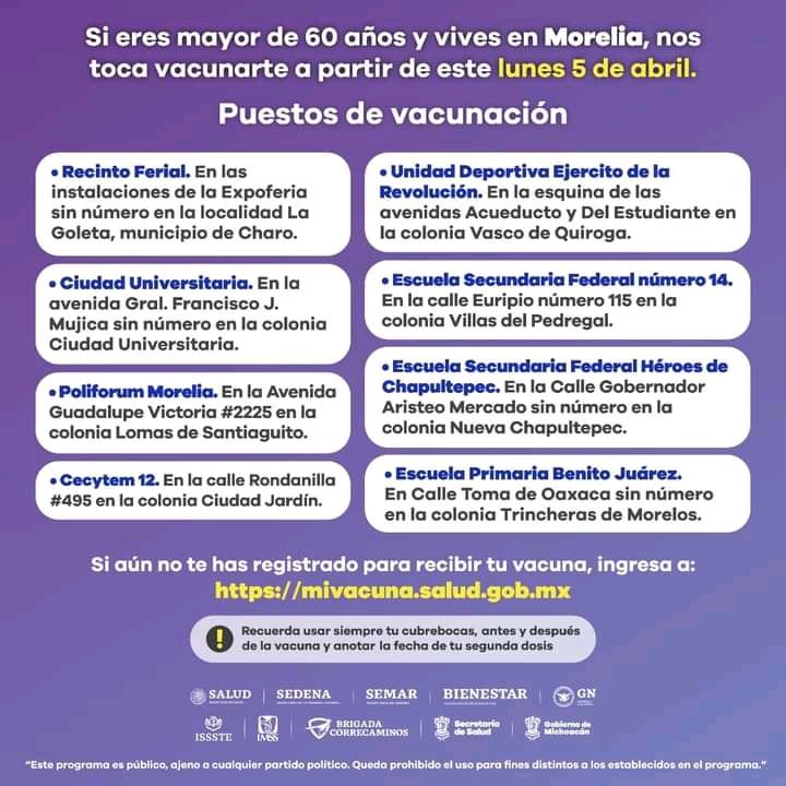 Direcciones de los módulos de vacunación en Morelia