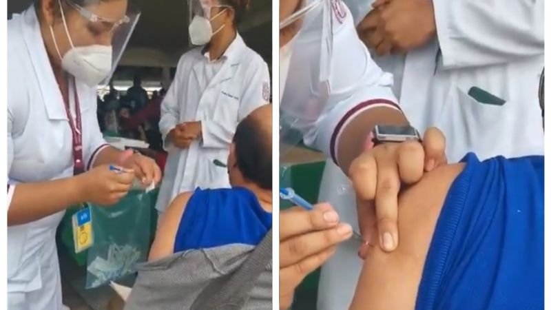 dos fotografias tomadas de un video donde se ve la secuencia de vacunacion donde la enfermera no inyecta al paciente