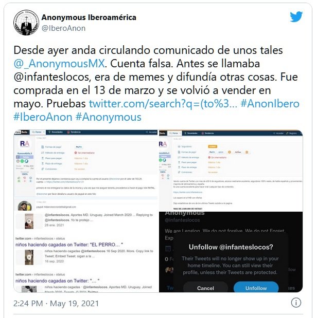 Imagen tomada de twitter de la cuenta de Anonymous Iberoamérica