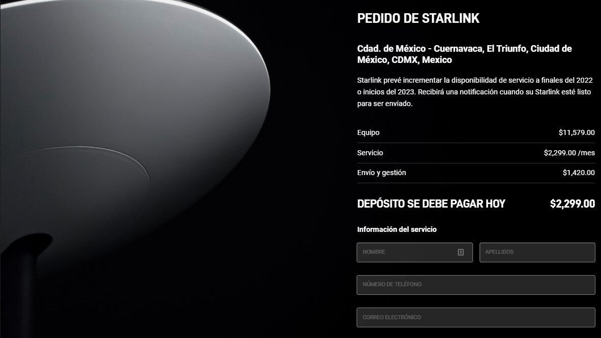 Pantalla de registro de Starlink para México