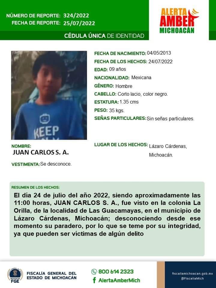 Ileso, asegura FGE a niño de 9 años reportado como desaparecido en el municipio de Lázaro Cárdenas