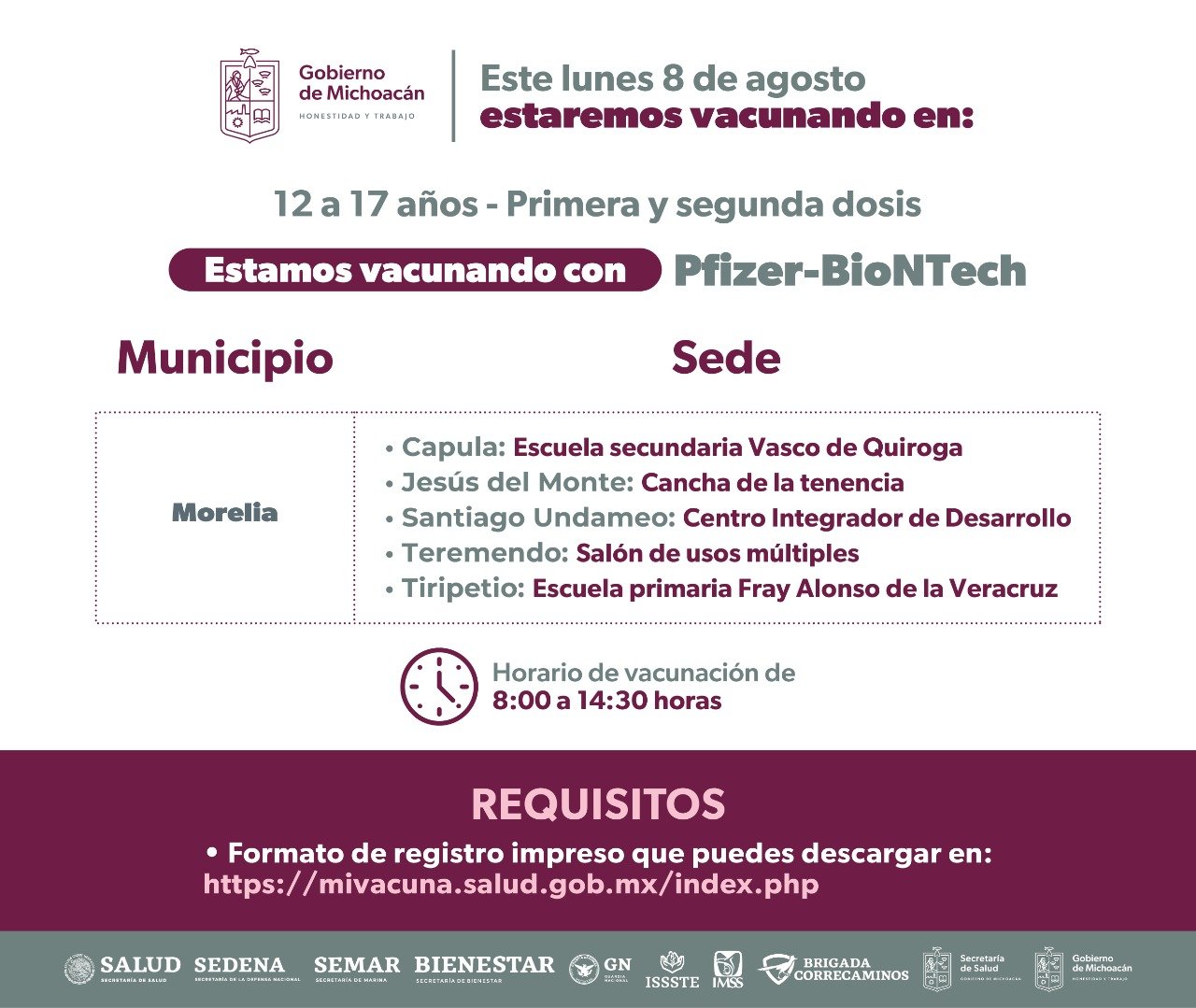 Próximo lunes 8 de agosto vacunarán contra Covid-19 a adolescentes de 12 a 17 en tenencias