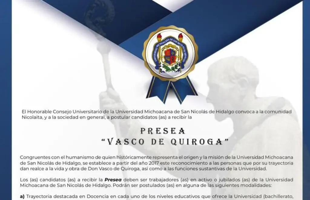 UMSNH abre convocatoria para la Presea Vasco de Quiroga 2024