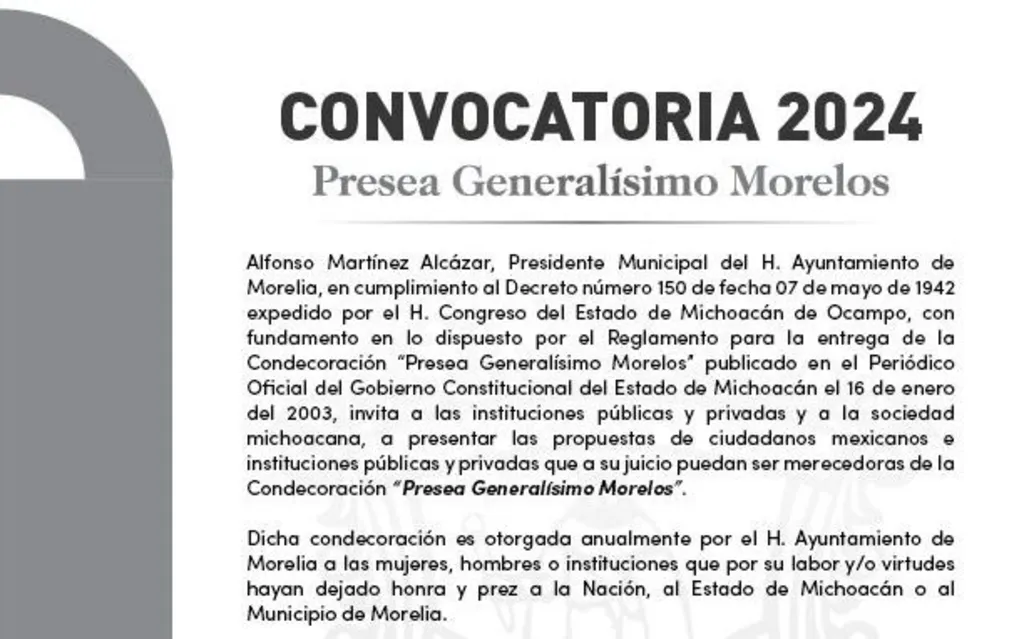 Abren convocatoria para la Presea Generalísimo Morelos