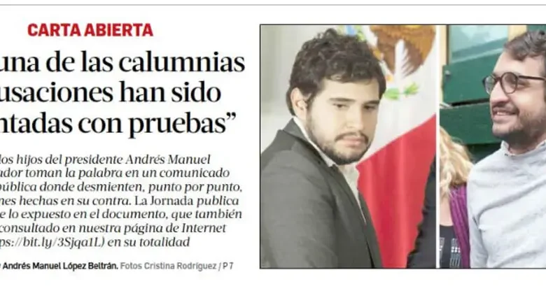 Con una carta en "La Jornada", hijos de AMLO niegan sus corruptelas pese a las pruebas existentes