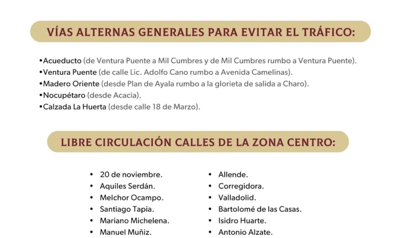 Cierres viales y vías alternas por el desfile del 20 de noviembre en el Centro de Morelia